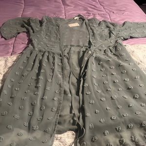 Olive green sheer kimono with side slits and tie front